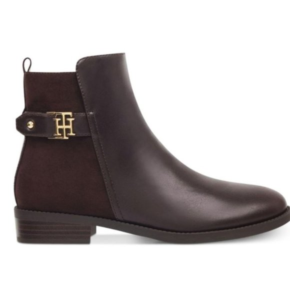 Tommy Hilfiger Irsela Brown Gold Ankle Zip Leather Booties - Picture 6 of 13